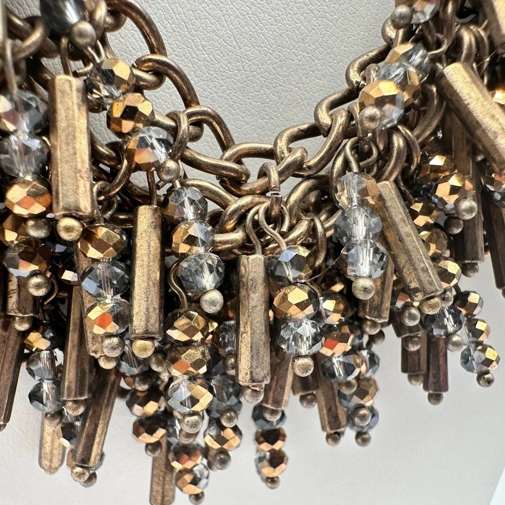 Vintage 90s Bronze Bib Necklace Glass Bead Tassel Fringe Statement Piece